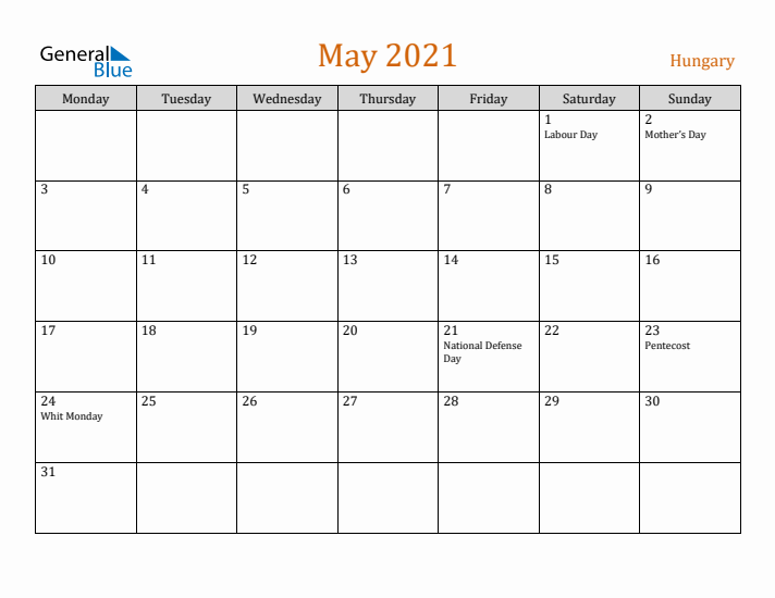 May 2021 Holiday Calendar with Monday Start