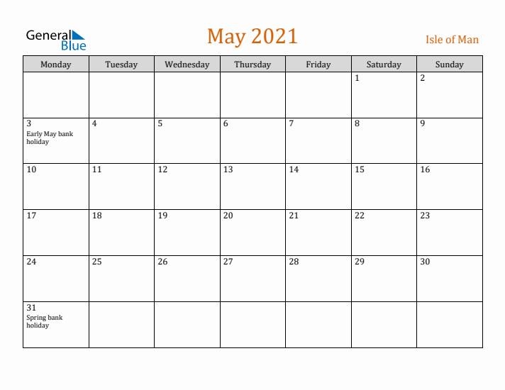 May 2021 Holiday Calendar with Monday Start