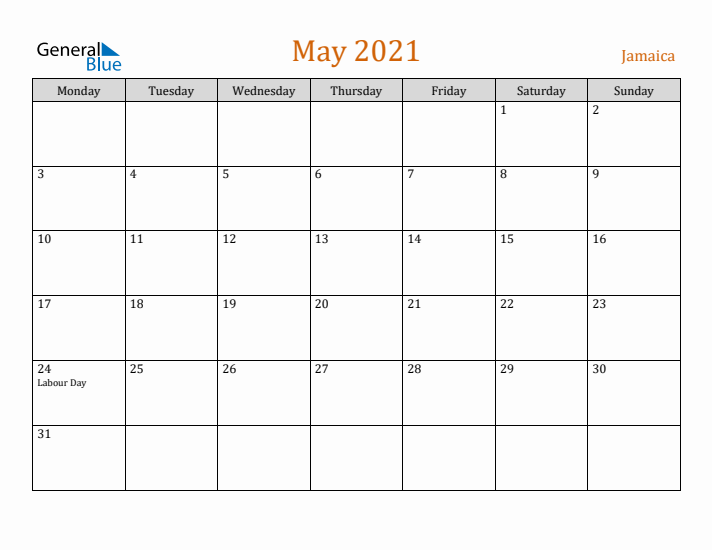 May 2021 Holiday Calendar with Monday Start