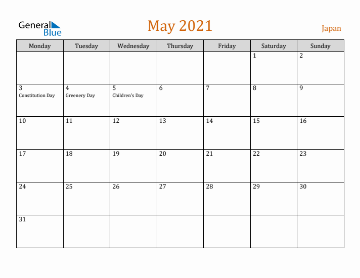 May 2021 Holiday Calendar with Monday Start