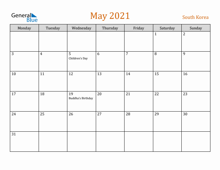 May 2021 Holiday Calendar with Monday Start