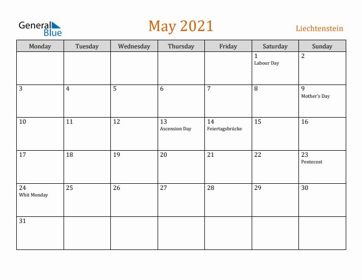 May 2021 Holiday Calendar with Monday Start