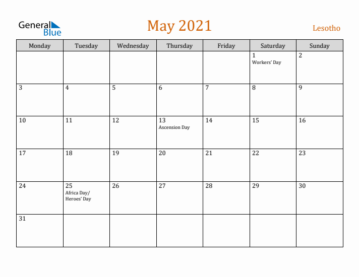 May 2021 Holiday Calendar with Monday Start