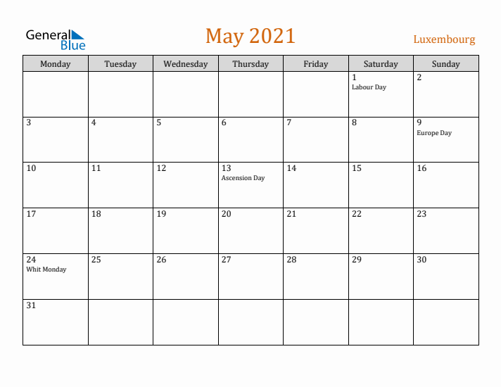 May 2021 Holiday Calendar with Monday Start