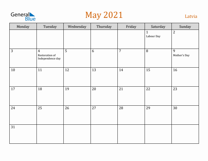 May 2021 Holiday Calendar with Monday Start