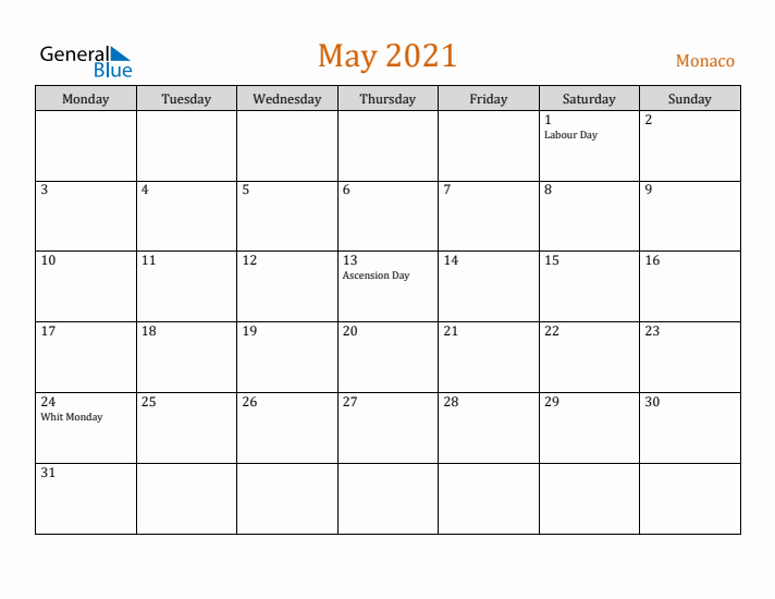 May 2021 Holiday Calendar with Monday Start