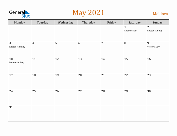 May 2021 Holiday Calendar with Monday Start