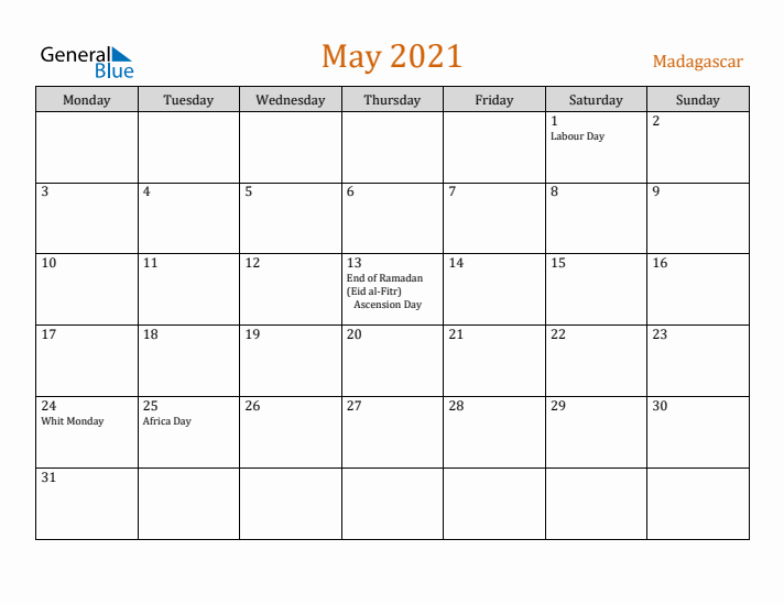 May 2021 Holiday Calendar with Monday Start