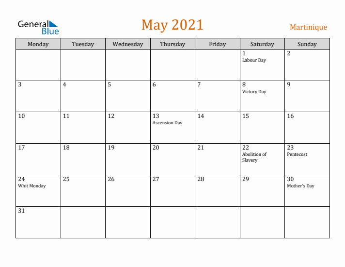 May 2021 Holiday Calendar with Monday Start