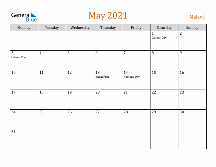 May 2021 Holiday Calendar with Monday Start