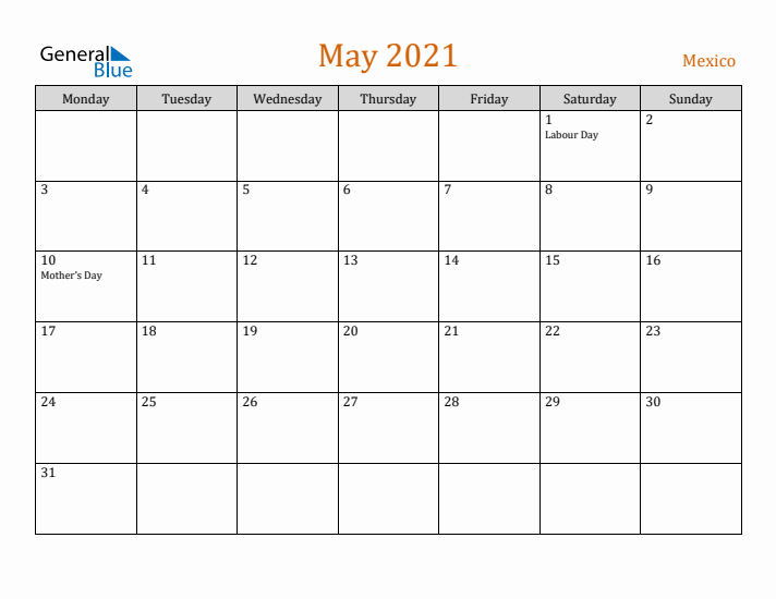 May 2021 Holiday Calendar with Monday Start