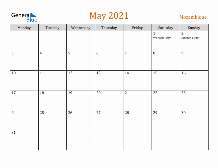 May 2021 Holiday Calendar with Monday Start