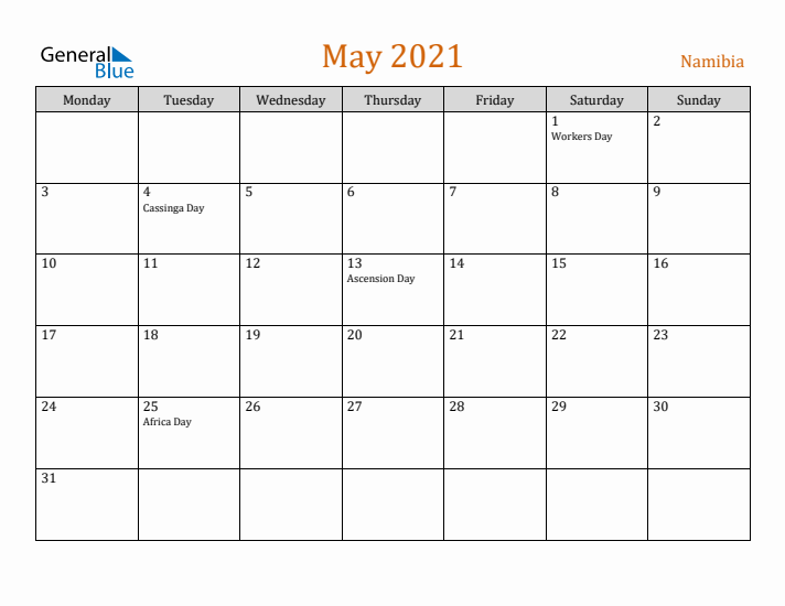 May 2021 Holiday Calendar with Monday Start