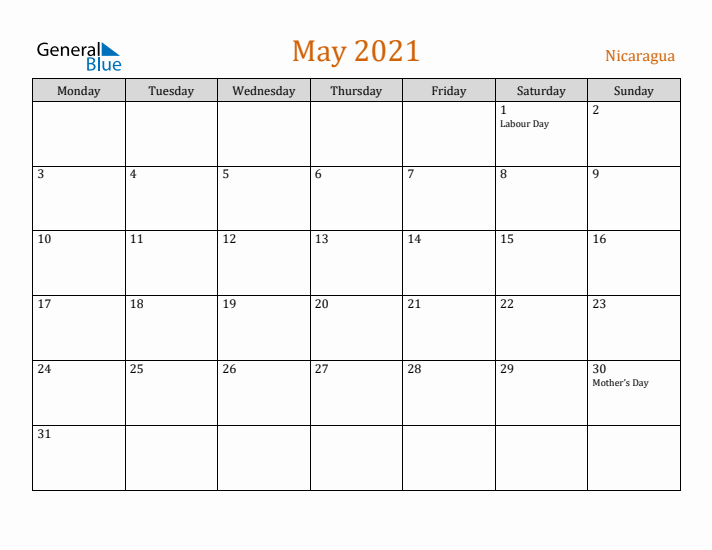 May 2021 Holiday Calendar with Monday Start