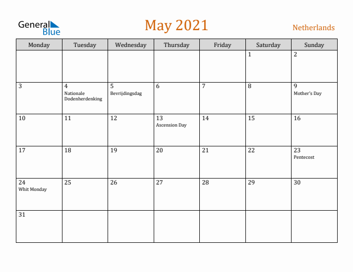 May 2021 Holiday Calendar with Monday Start