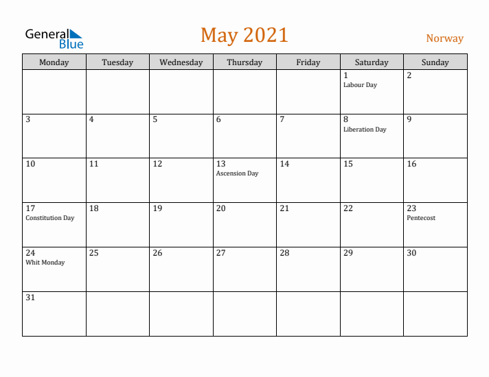 May 2021 Holiday Calendar with Monday Start