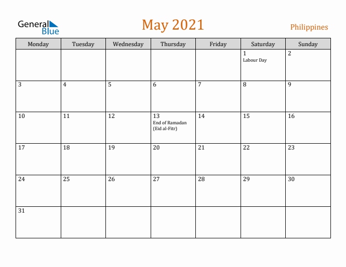 May 2021 Holiday Calendar with Monday Start