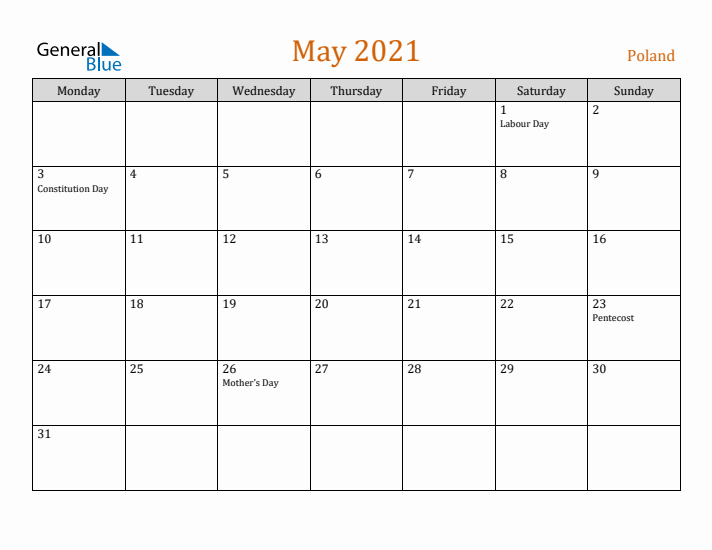 May 2021 Holiday Calendar with Monday Start