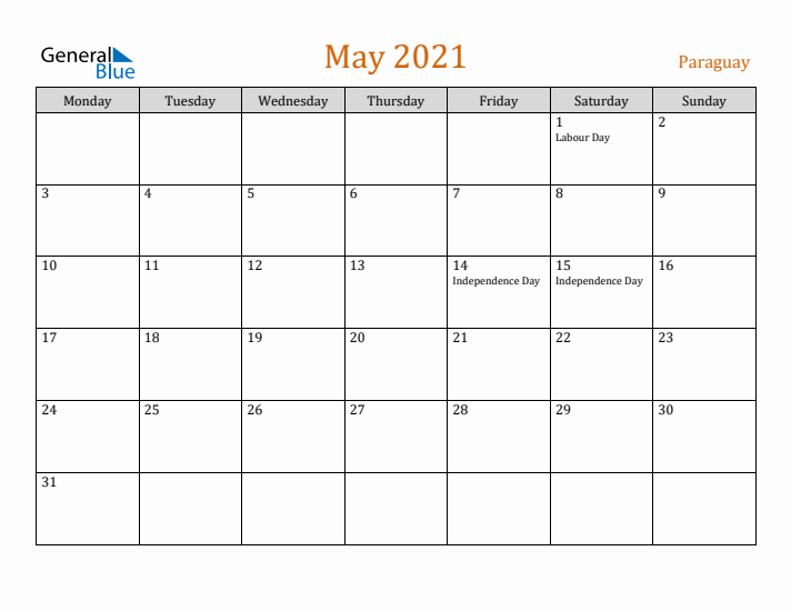 May 2021 Holiday Calendar with Monday Start