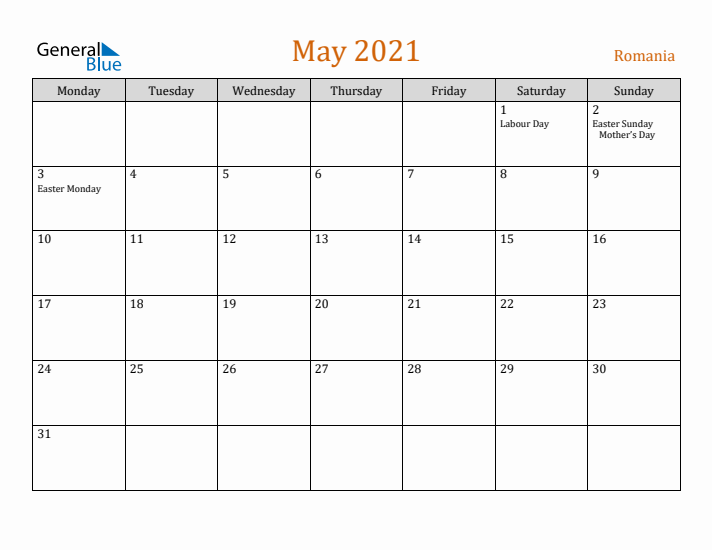 May 2021 Holiday Calendar with Monday Start