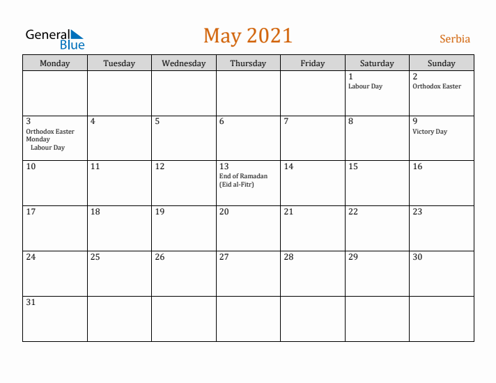 May 2021 Holiday Calendar with Monday Start