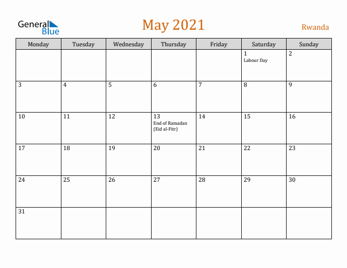 May 2021 Holiday Calendar with Monday Start