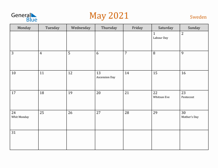 May 2021 Holiday Calendar with Monday Start