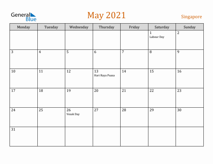 May 2021 Holiday Calendar with Monday Start