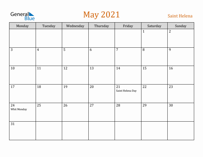 May 2021 Holiday Calendar with Monday Start