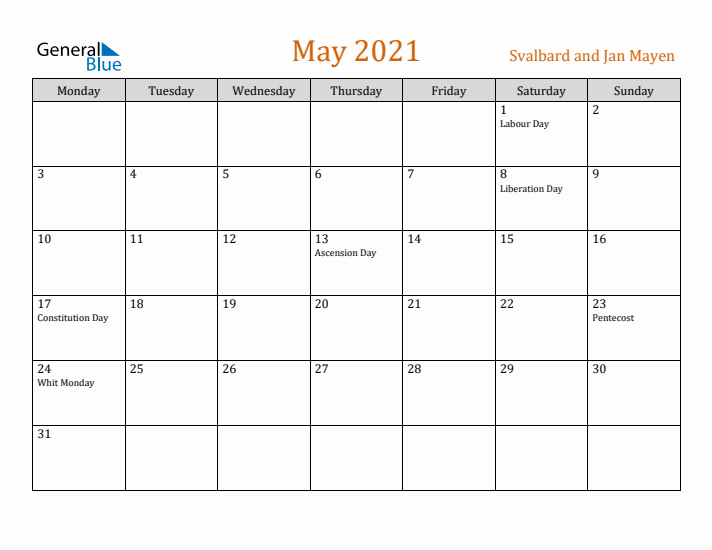 May 2021 Holiday Calendar with Monday Start