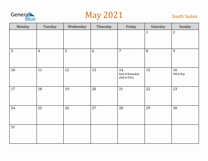 May 2021 Holiday Calendar with Monday Start