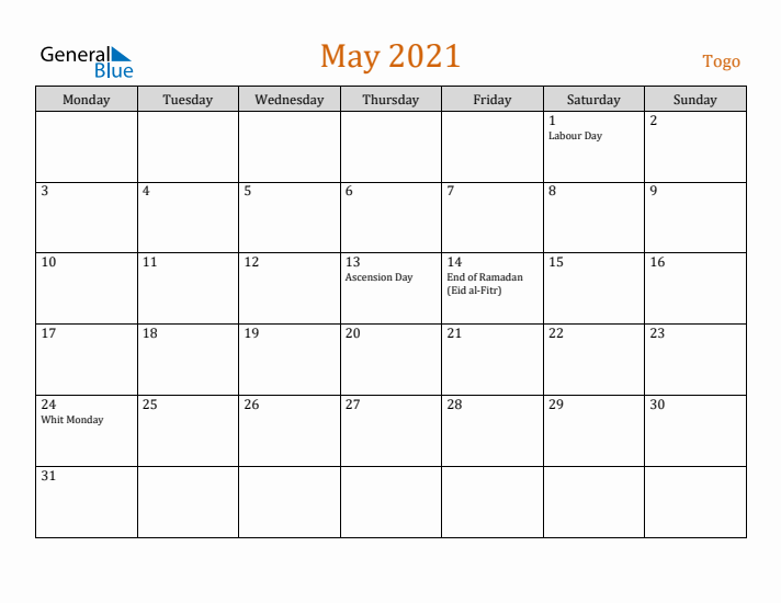 May 2021 Holiday Calendar with Monday Start