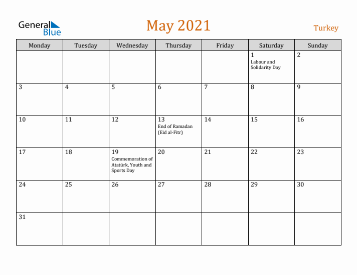 May 2021 Holiday Calendar with Monday Start