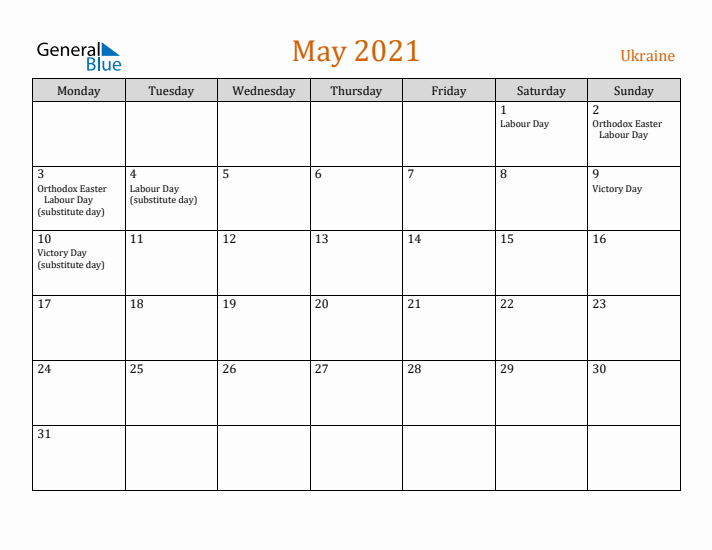 May 2021 Holiday Calendar with Monday Start