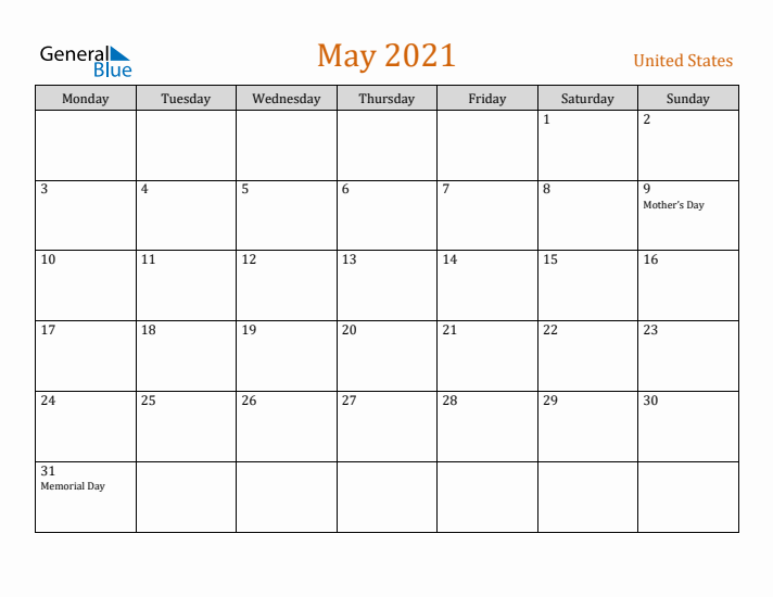 May 2021 Holiday Calendar with Monday Start