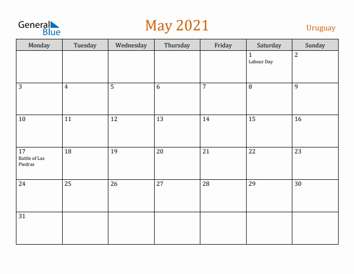 May 2021 Holiday Calendar with Monday Start