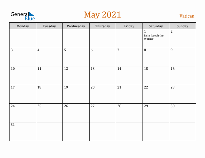 May 2021 Holiday Calendar with Monday Start