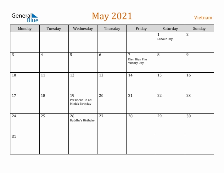 May 2021 Holiday Calendar with Monday Start