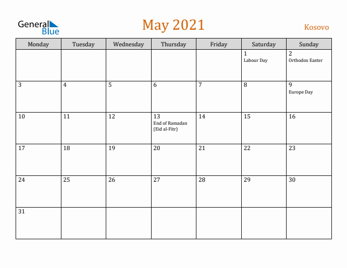 May 2021 Holiday Calendar with Monday Start