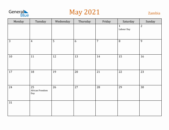 May 2021 Holiday Calendar with Monday Start