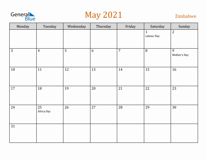 May 2021 Holiday Calendar with Monday Start