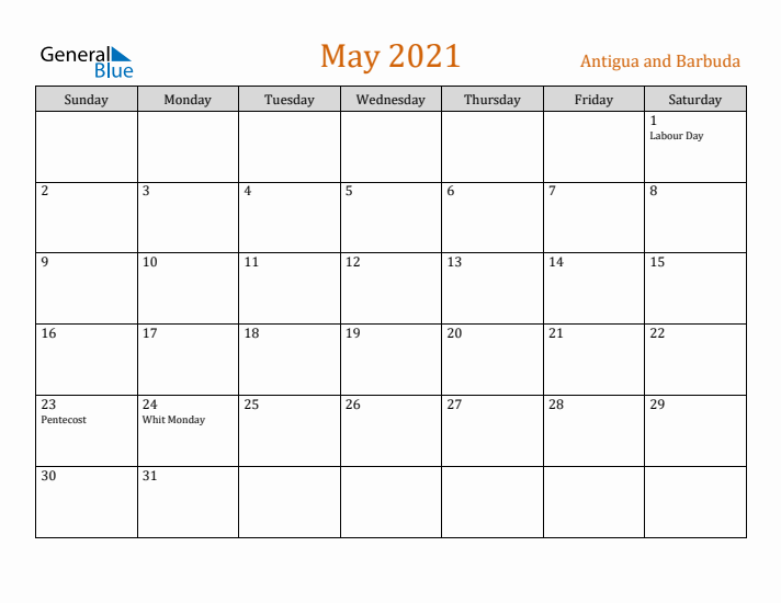 May 2021 Holiday Calendar with Sunday Start