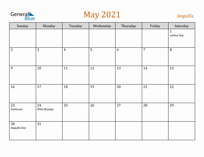 May 2021 Holiday Calendar with Sunday Start