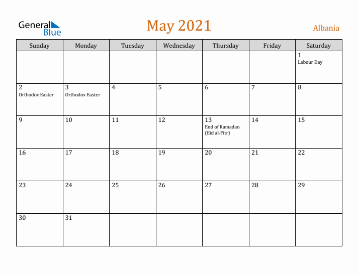 May 2021 Holiday Calendar with Sunday Start