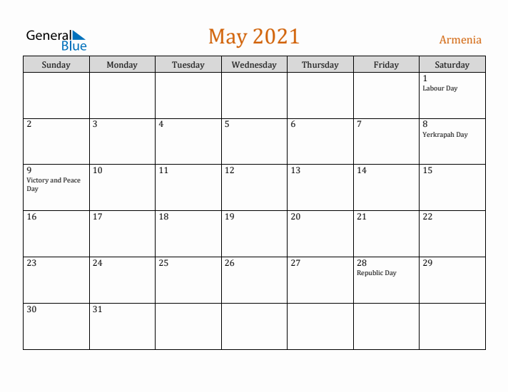 May 2021 Holiday Calendar with Sunday Start