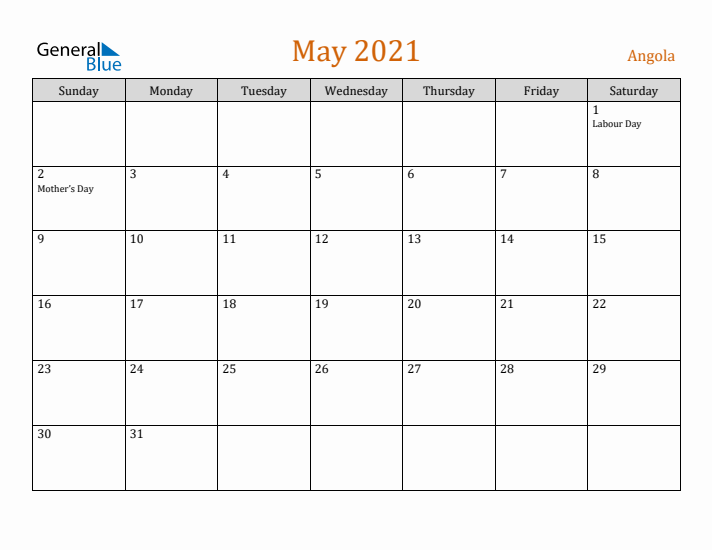 May 2021 Holiday Calendar with Sunday Start