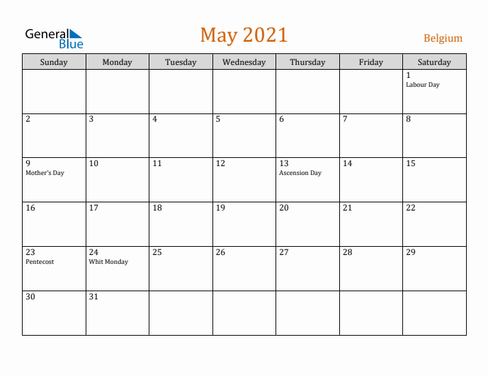 May 2021 Holiday Calendar with Sunday Start