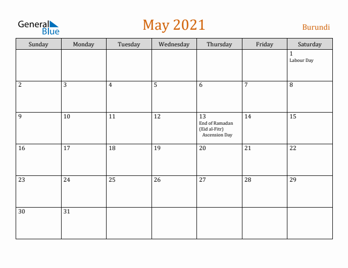 May 2021 Holiday Calendar with Sunday Start