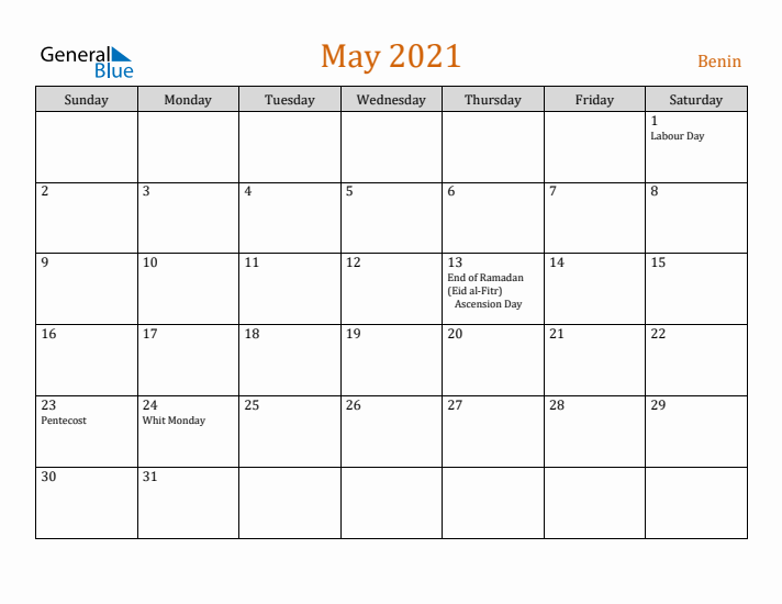 May 2021 Holiday Calendar with Sunday Start