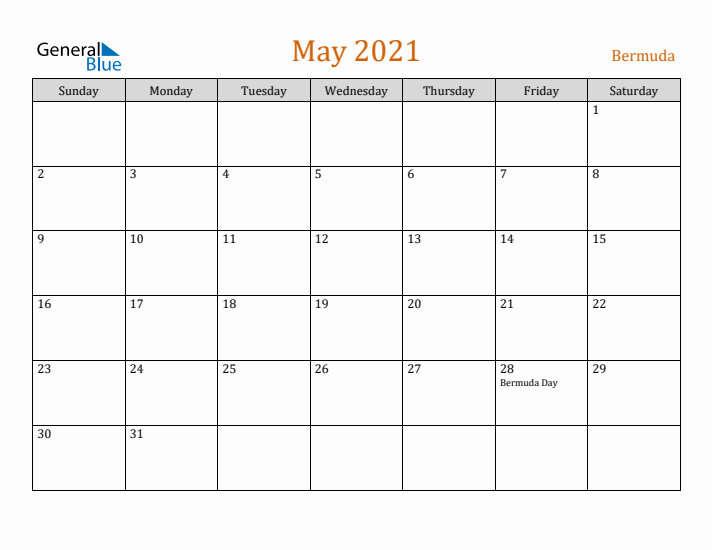 May 2021 Holiday Calendar with Sunday Start